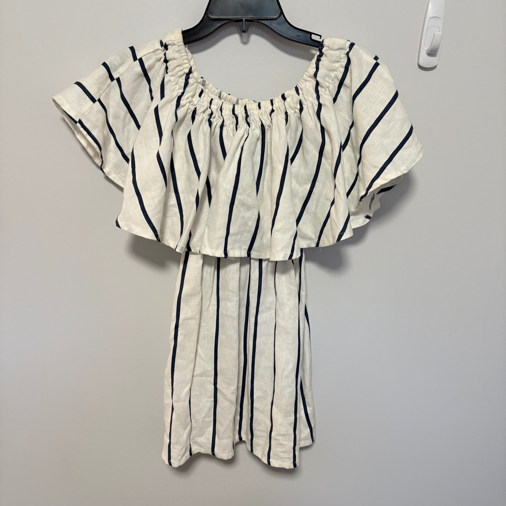 Faithfull The Brand Striped Off Shoulder Mini Dress Womens White Size 2 Linen